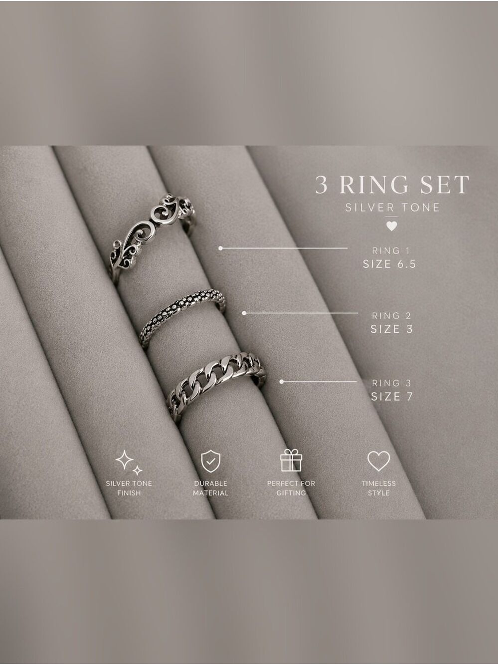 Silver Floral & Chain Stackable Rings - Silver - Picture 3 of 4